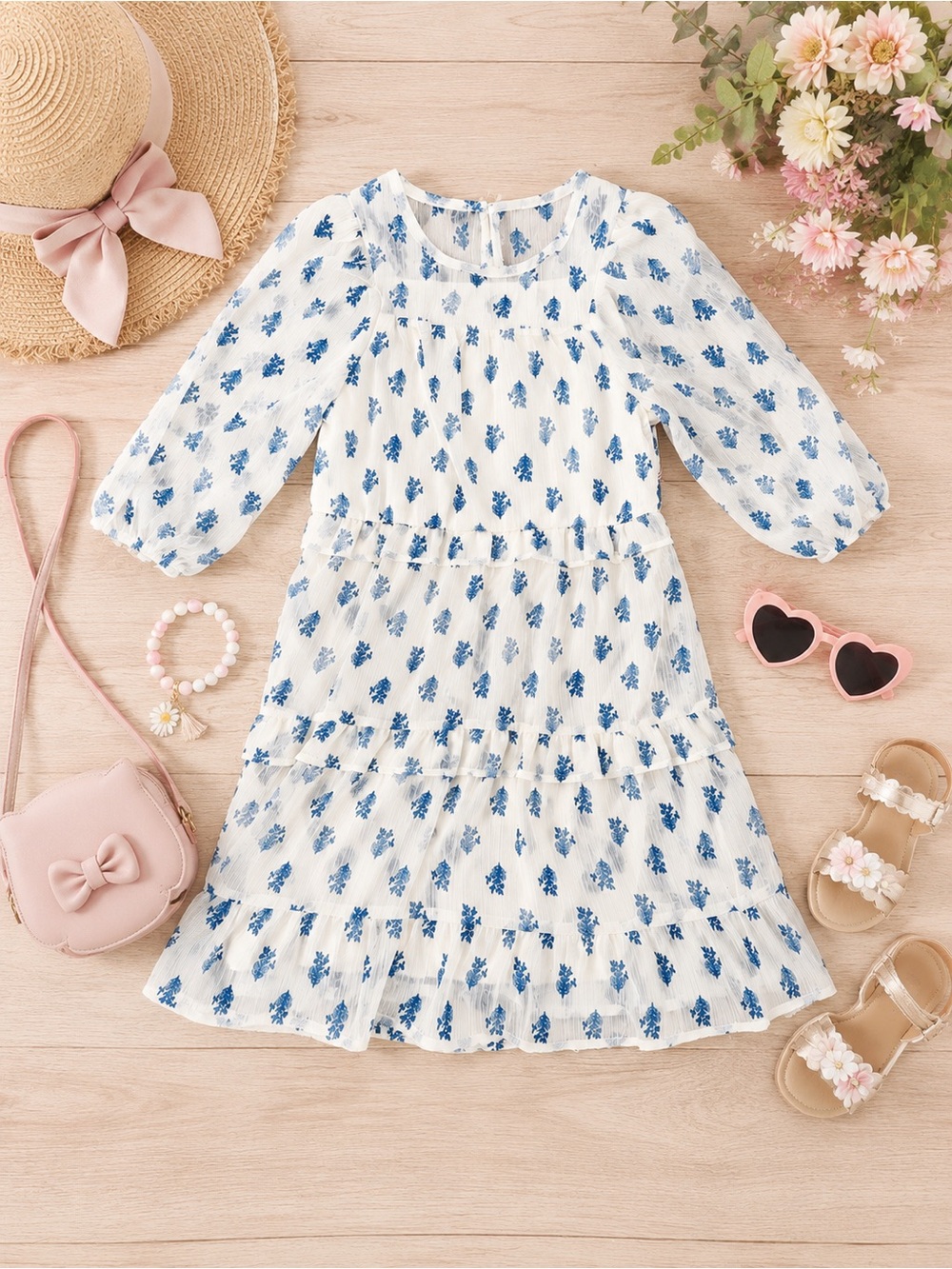 NWT Wonder Nation Girls Chiffon Tiered Floral Dress Blue White Size M 7-8
